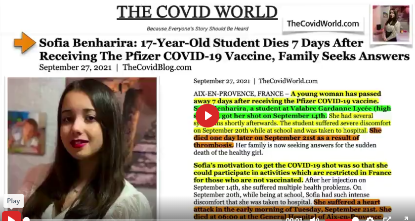 TEEN GIRL SOFIA DIED OF HEART ATTACK AFTER ONE PFIZER "VACCINE" JAB